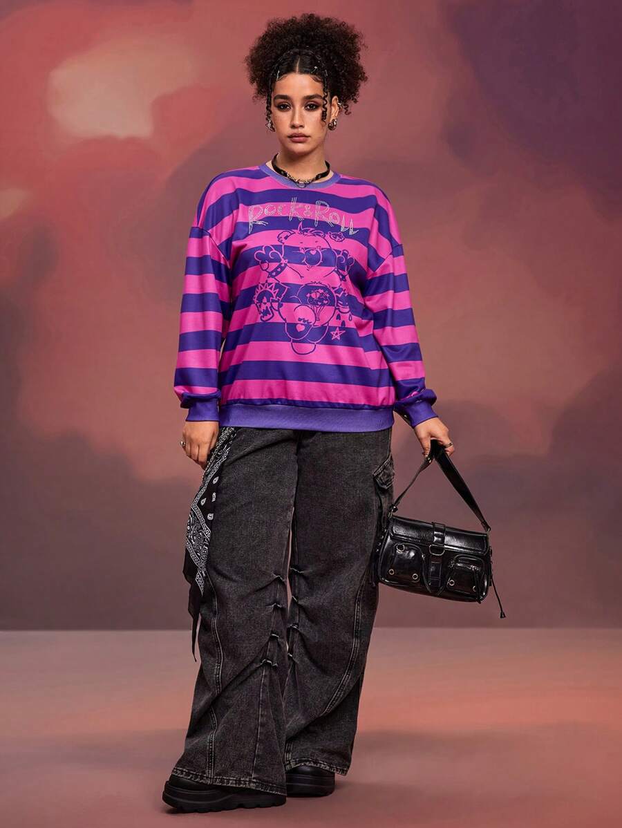 SHEIN X Care Bears Designer Plus Women's Street Style Loose Long Sleeve Drop-Shoulder Stripe Printed Rhinestone Decor Sweatshirt, Casual Daily Wear Fall Top, Holiday, Thanksgiving, Winter, Spring, Going Out, Festival