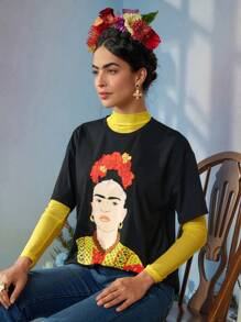 Frida Kahlo X SHEIN Áo thun nữ tay ngắn họa tiết mùa hè đơn giản - màu đen - Xem 5