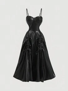 SHEIN MOD 女士复古黑色 PU 皮革可调节连衣裙、不对称连衣裙、衣服、黑色连衣裙、秋季女士连衣裙、深色学院风、皮革女士连衣裙 - 黑色 - 查看 1