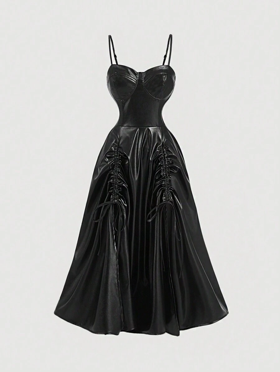 SHEIN MOD 女士复古黑色 PU 皮革可调节连衣裙、不对称连衣裙、衣服、黑色连衣裙、秋季女士连衣裙、深色学院风、皮革女士连衣裙 - 黑色 - 查看 1