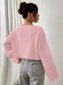 Textured V-Neck Long Sleeve Minimalist Sweater, Casual Everyday Wear - Pink - View 2