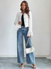 SHEIN Privé 女式白色长袖羽绒袖短款毛圈布夹克 - 白色 - 查看 6