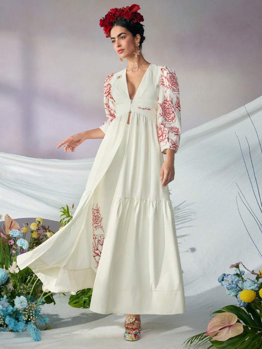 KATHARSIS Frida Kahlo X SHEIN X Designer 商务休闲撞色花卉印花荷叶边下摆长衬衫，适合节日、感恩节、春夏、节日、办公室 - 紅白色 - 查看 1