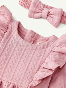 Cozy Pixies 2pcs Baby Girl Solid Color Round Neck Ruffle Trim Waist Dress & Bowknot Headband Set - Pink - View 3