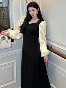 DAZY 女士拼色长袖休闲长裙、生日舞会礼服 - 黑色 - 查看 8