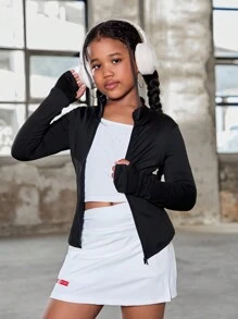 SHEIN Tween Girls Solid Color Fitted Knit Casual Long Sleeve Sports Jacket - Black - View 3