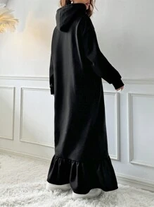 SHEIN EZwear Women's Solid Color Long Sleeve Drawstring Casual Long Sweatshirt Dress, Vacation In Fall/Winter