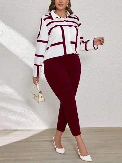 SHEIN Clasi 2pcs Plus Size Business Wear Geometric Print Top And Pants Suit