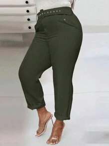 Celure Plus Size Women Solid Color Elastic Waist Casual Pants With Snap-Fastening Flap Pockets And Toothpick Stripes Design