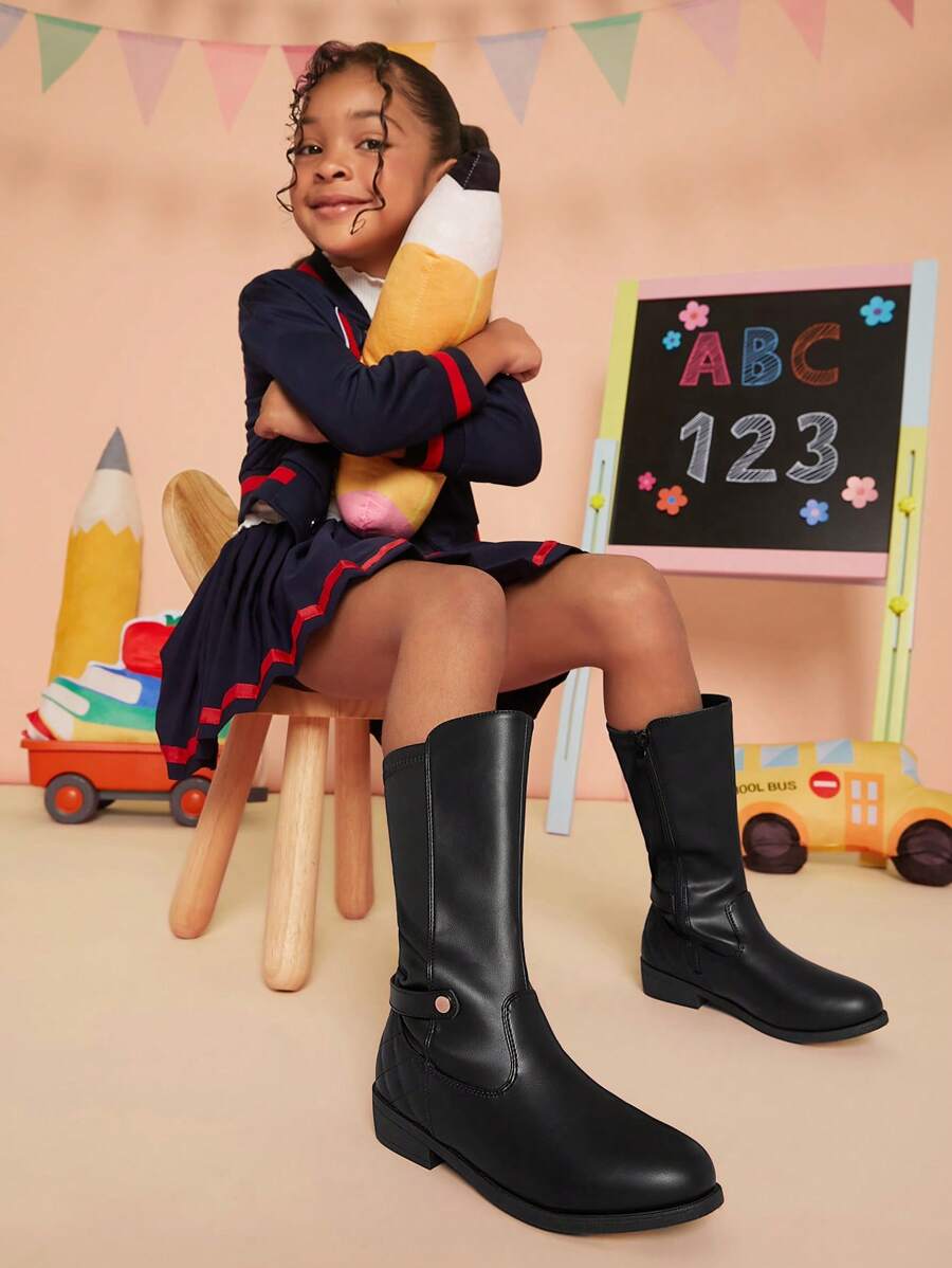 Mini mi Kids' Classic 5050 Black Knee High Riding Boots With Elastic Back And Side Zipper, Easy To Wear, Comfortable And Durable, Versatile