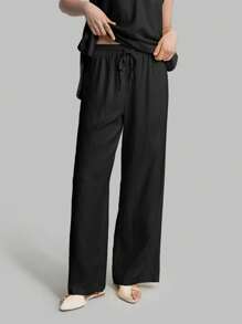 Ontre 2 件套女士纯色简约休闲无袖上衣和裤子套装，奶油黄色，秋装 - 黑色 - 查看 4