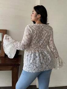 SHEIN Unity Áo len cardigan họa tiết thường ngày cổ chữ V dài tay loe có nơ trang trí cỡ lớn - trắng - Xem 2