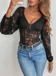 Chiquease Body elegante de manga larga con contraste de encaje para mujer, primavera y verano