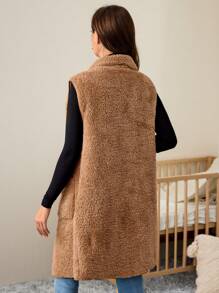 SHEIN Maternity Dual Pocket Shawl Collar Open Front Teddy Vest Coat, Autumn Winter - Khaki - View 2
