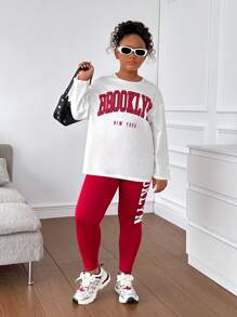 SHEIN 青少年女孩加大码休闲针织纯色圆领长袖上衣和紧身裤套装