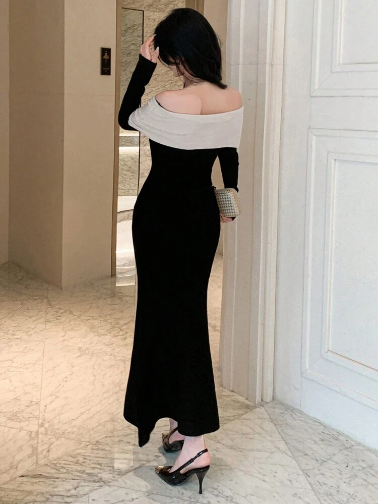Women's Colorblock Off-Shoulder Elegant Long Sleeve Sweater Dress Off Shoulder,Fall Clothes