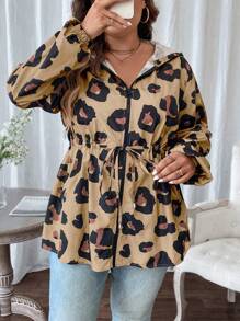 SHEIN LUNE Abrigo con capucha, estampado de leopardo, cordón ajustable en la cintura, para primavera y otoño, talla grande - Marrón - Ver 7