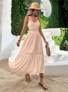 RueChic V-Neck Guipure Lace Insert Ruffle Hem Dress - Watermelon Pink - View 3