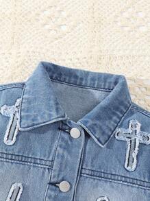 Toddler Girls Street Chic Turndown Collar Short Casual Embroidered Washed Denim Jacket - Medium Wash - View 3