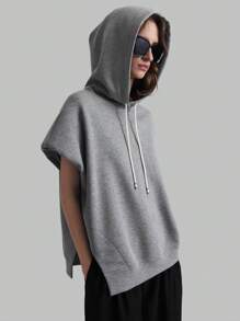 Ontre Gray Design Hooded Sleeveless Sweatshirt  Basic Tops - Grey - View 1
