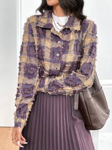 Modelyn Women's Turndown Collar Long Sleeve Button-Front Plaid Jacket, Casual Everyday Wear Fall Cloth For Women - Purple - View 6