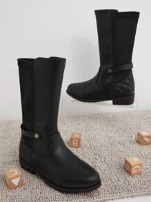 Mini mi Kids' Classic 5050 Black Knee High Riding Boots With Elastic Back And Side Zipper, Easy To Wear, Comfortable And Durable, Versatile