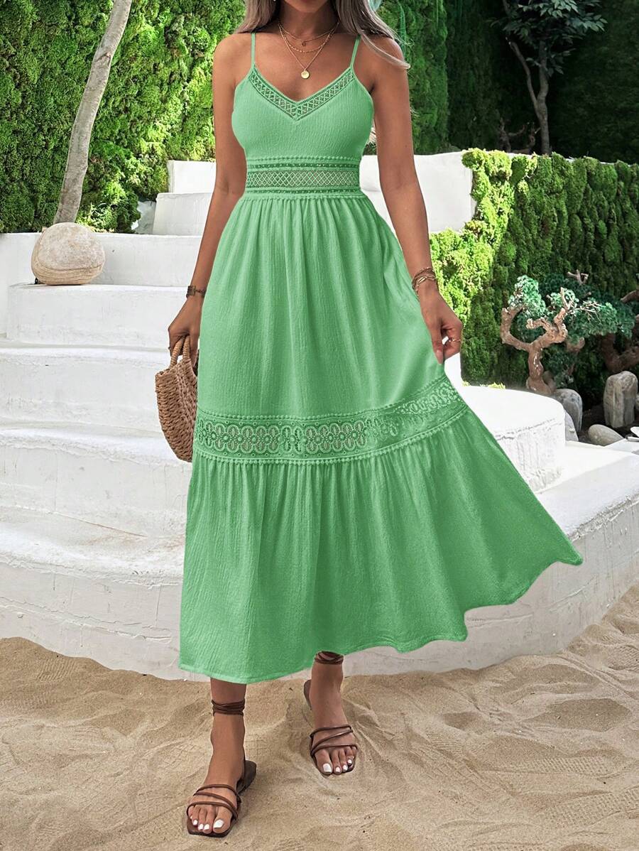 SHEIN Cottnline V-Neck Guipure Lace Insert Ruffle Hem Dress - Green - View 1