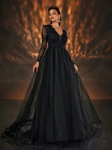 Glamrae Đầm cưới maxi dáng chữ A màu đen, sang trọng, lãng mạn, cổ chữ V, chất liệu ren Pháp, phối lưới và voan mỏng, khoét lưng, chất liệu vải voan mỏng, thích hợp cho ngày Valentine. - màu đen - Xem 6