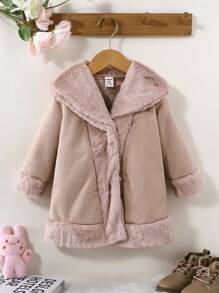 女婴时尚撞色毛绒拼接外套，冬装 - 卡其色 - 查看 1