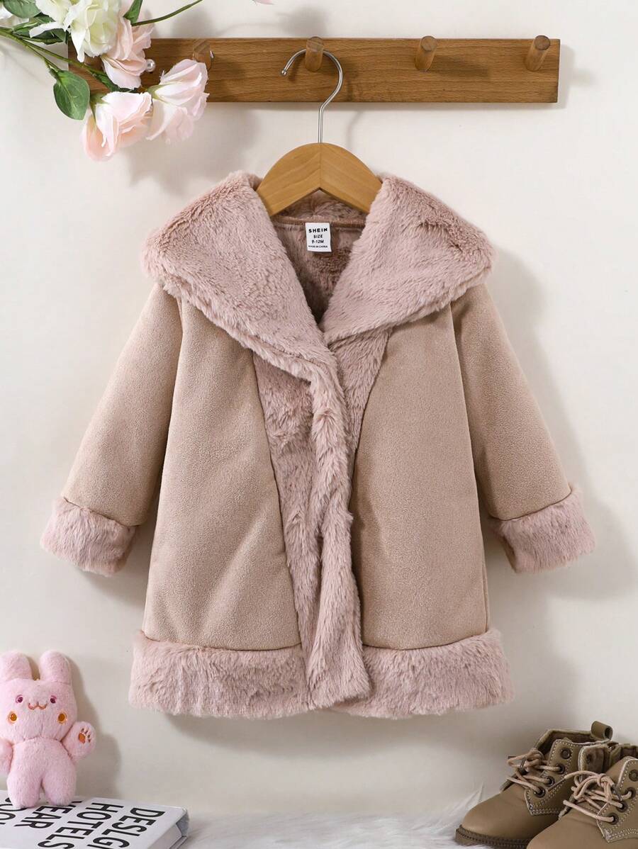 女婴时尚撞色毛绒拼接外套，冬装 - 卡其色 - 查看 1