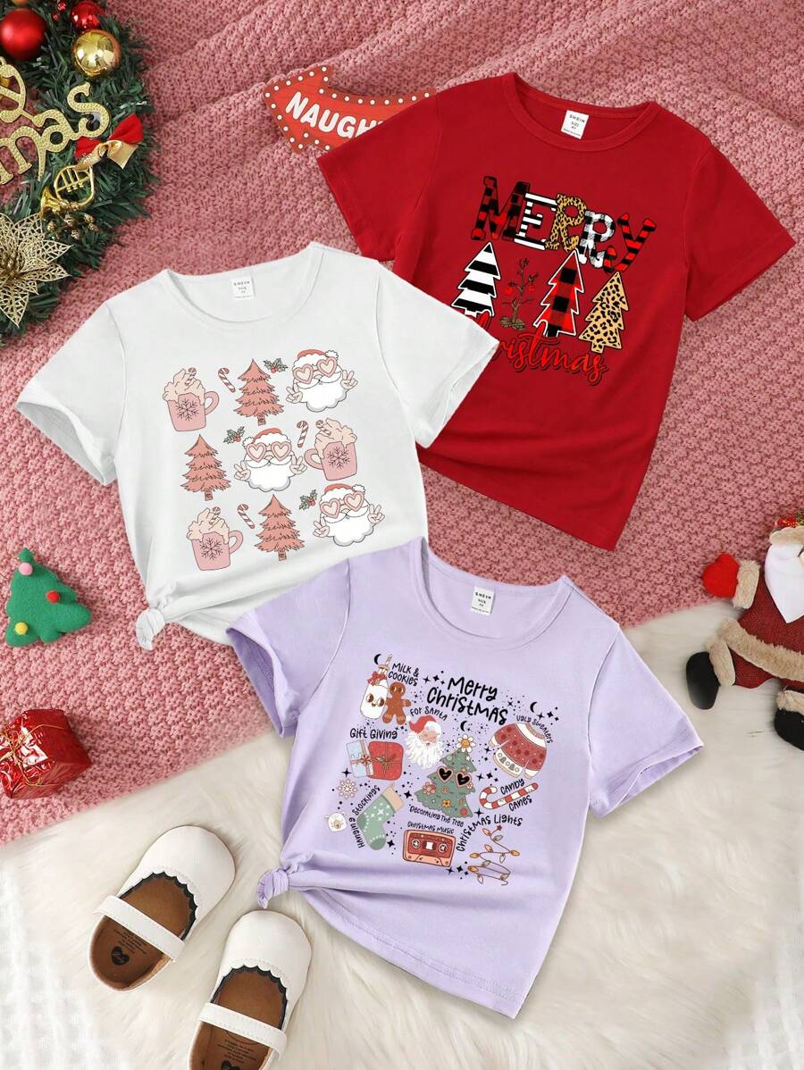 SHEIN 3pcs Christmas Young Girls Casual Santa Claus, Christmas Tree