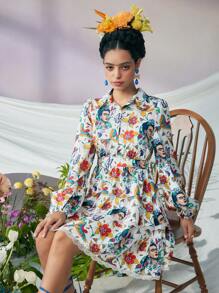 Frida Kahlo X SHEIN Women Surrealism Floral Print Contrast Lace White Long Sleeves  Mini Dress,Fall/Autumn - Multicolor - View 4