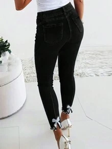 Women's & Youthful Rhinestone Embellished Skinny Fit Jeans - 黑色 - 查看 2