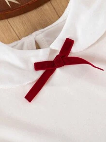 3 件套女婴冬季天鹅绒娃娃领结上衣、优雅酒红色格子裙和简约复古大衣套装