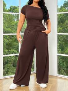 SHEIN EZwear 2pcs Plus Size Women's Asymmetrical Shoulder Top And Straight Leg Pants Knitted Set, Dark Grey - Brown - View 5
