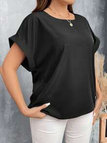 SHEIN LUNE 大码女式秋季纯色圆领蝙蝠袖休闲衬衫女式上衣黑色衬衫 - 黑色 - 查看 4