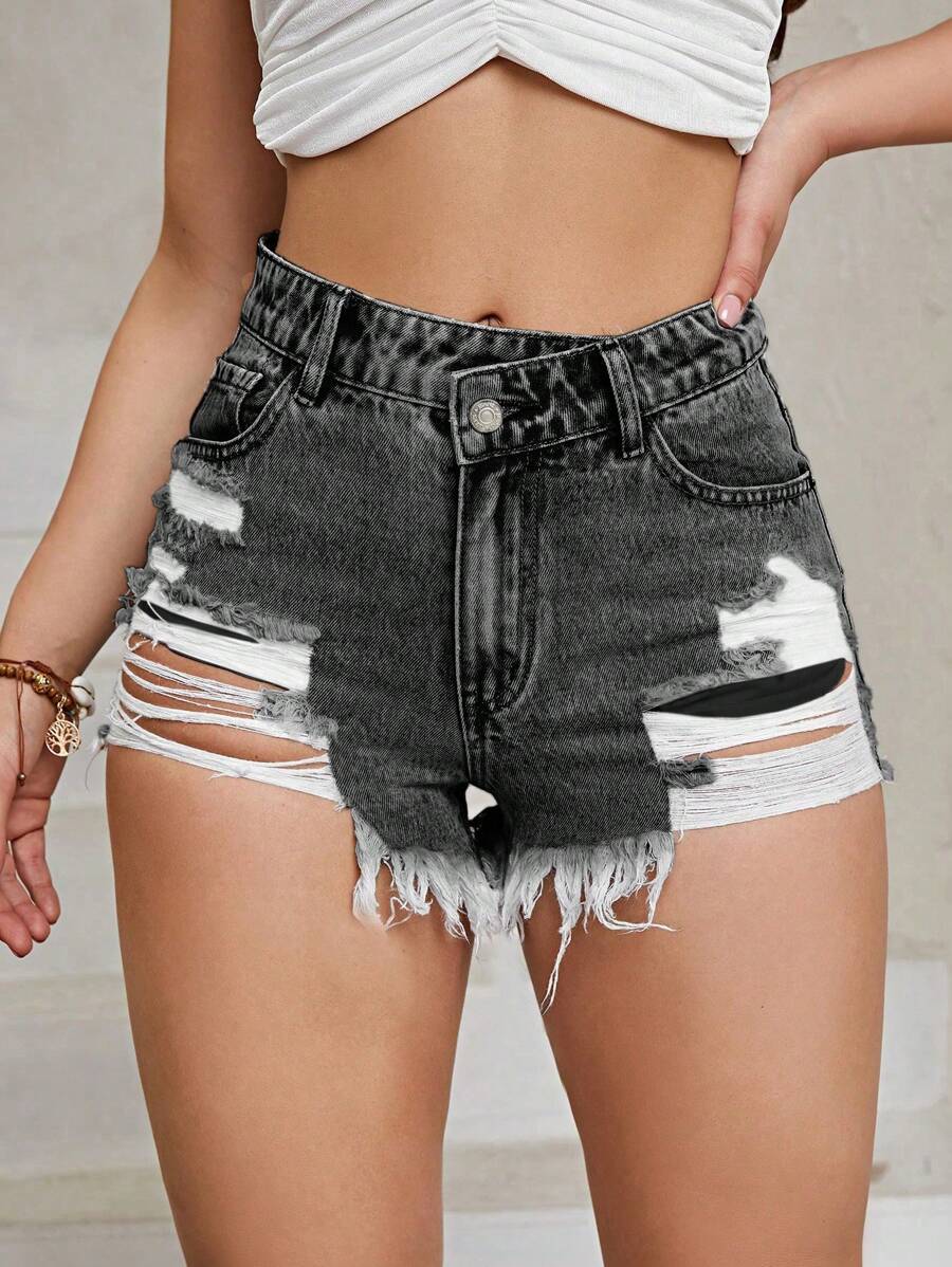 SHEIN EZwear Quần short denim cài nút phía trước, nhiều túi, viền rách, trang phục thường ngày - Xám - Xem 1