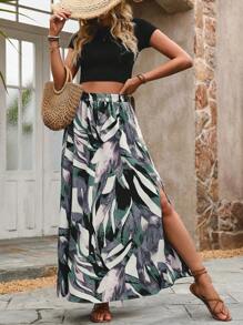 Breezaya 女士度假植物印花随意剪裁侧开衩下摆半身裙