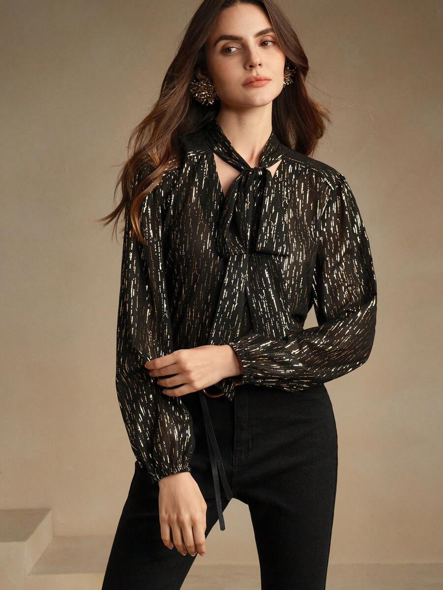 Anewsta 女士青苔色金属提花长袖衬衫 - 黑色 - 查看 1