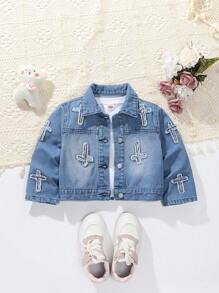 Toddler Girls Street Chic Turndown Collar Short Casual Embroidered Washed Denim Jacket - Medium Wash - View 1