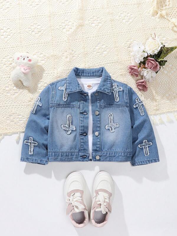 Toddler Girls Street Chic Turndown Collar Short Casual Embroidered Washed Denim Jacket