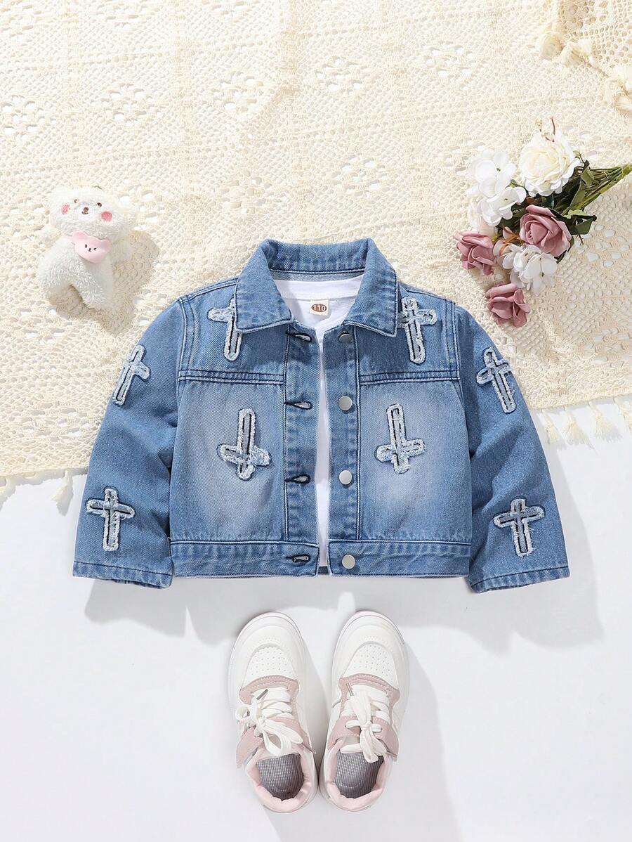 Toddler Girls Street Chic Turndown Collar Short Casual Embroidered Washed Denim Jacket - Medium Wash - View 1