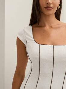 COSMINA Cream-Color Linen Blend Color Block Fitted Sleeveless A-Line Old Money Style Elegant Dress For Women, Spring/FAll,Sun Dress,Summer Dresses For Women