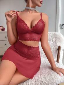 Seduluxe 2pcs/Set Lace Patchwork Sheer Wireless Sexy Lingerie Top & Skirt Set For Women Going Out