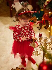 Christmas Baby Girl Doll Dress,Red And White Santa Claus Print Mesh Ruffle Bow Long Sleeve Cute Autumn Birthday Holiday Clothes For Spring Winter - Multicolor - View 7