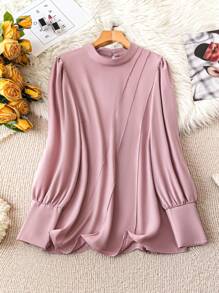 SHEIN Clasi Plus Size Pink Asymmetrical Herringbone Pattern Long Sleeve Shirt - Pink - View 1