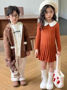 SHEIN Young Girl  Cute & Comfortable  Long Sleeve Contrast Peter Pan Collar Knit A-Line Sweater Dress, Autumn And Winter - Multicolor - View 5