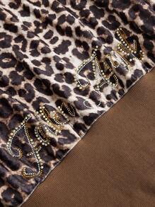 ROMWE J-Fashion 复古水钻缀饰天鹅绒豹纹连帽运动衫 女士运动衫，长袖上衣 - 咖啡棕 - 查看 4