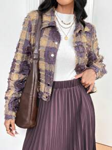 Modelyn Women's Turndown Collar Long Sleeve Button-Front Plaid Jacket, Casual Everyday Wear Fall Cloth For Women - Purple - View 4