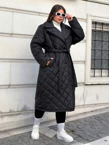 EURMUSE Plus Women's Solid Colour Padded Quilted Coat With Belt, Modern And Warm, For Winter - Black - View 4